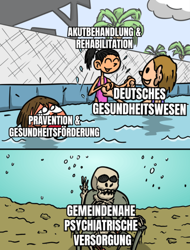 *Mutter ignoriert ertrinkendes Kind Format*

Mutter ≈ Deutsches Gesundheitswesen
gehaltenes Kind ≈ Akutbehandlung & Rehabilitation
ertrinkendes Kind ≈ Prävention und Gesunsheitsförderung
ertrunkenes Skelett ≈ Gemeindenahe psychiatrische Versorgung